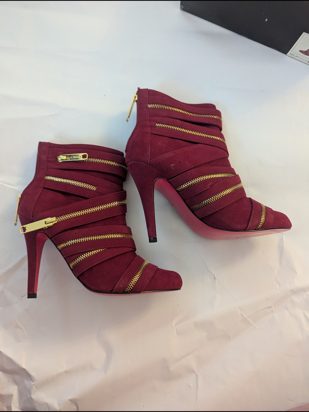Women's Burgundy/Red Suede High-Heel Ankle Boots with Gold Zippers